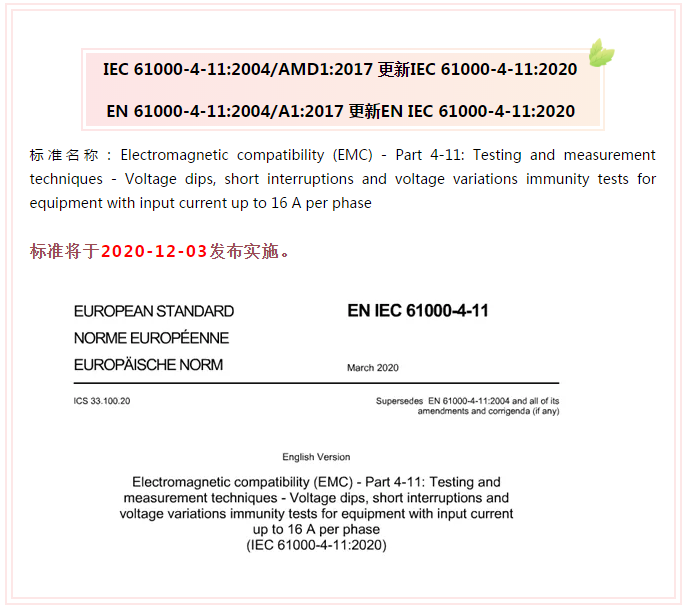 IEC 61000-4-11:2020 Voltage Sags Standard Update - Released and Implemented on 2020-12-03